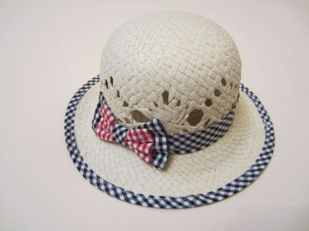 

red and Black Plaid Bow big edge children's straw hat sun, Yellow