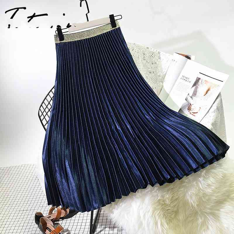 

Long Pleated Skirts Women High Waisted for Spring Summer Suede Casual Retro Solid Color Metallic 210603, Pink