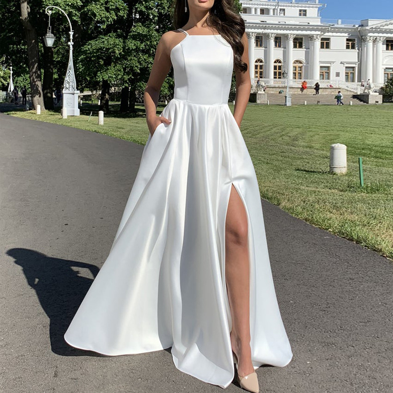 White Prom Dresses 2021 New Sexy High Thigh Split Spaghetti Strap Appliques Illusion Top A Line Cheap long Evening Gowns