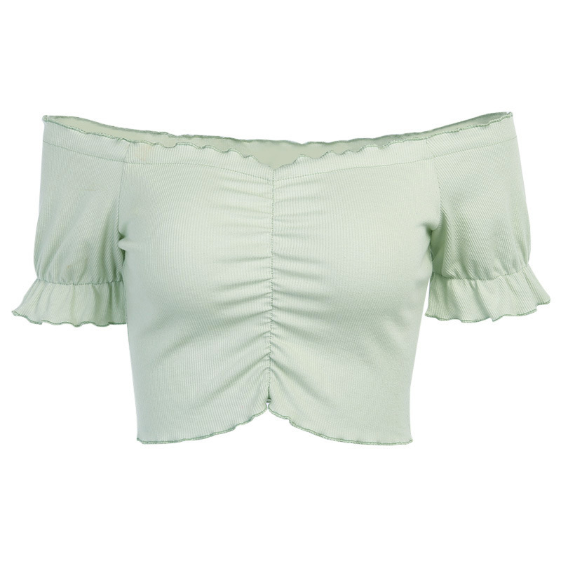 

Paris Girl Summer Sexy T-shirt Off Shoulder Knitting Crop Tops Women Fashion Solid Short Sleeve Slim-fit T-shirts 210524, Green