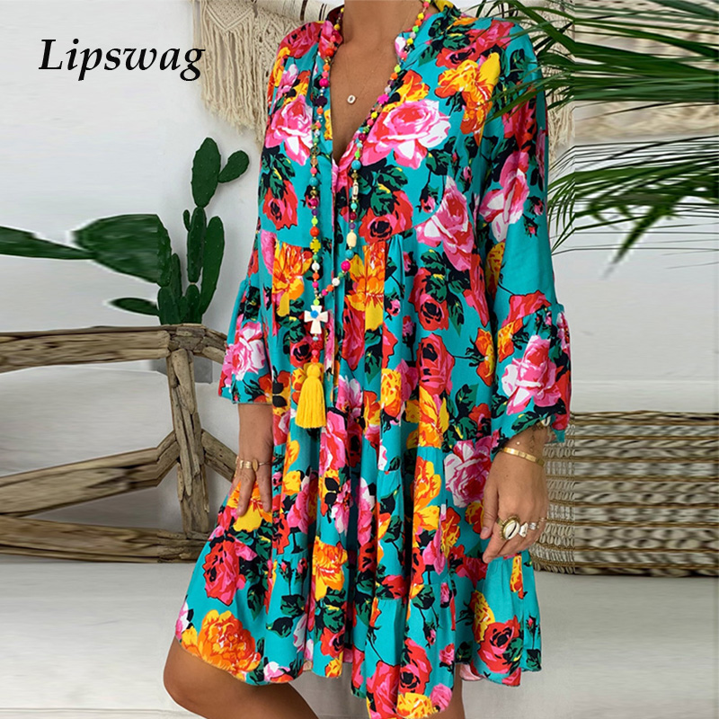 

fahion summer v-neck button loose dress elegant floral printed beach dress vintage spring long sleeve party dress vestidoshigh quality, Black;gray