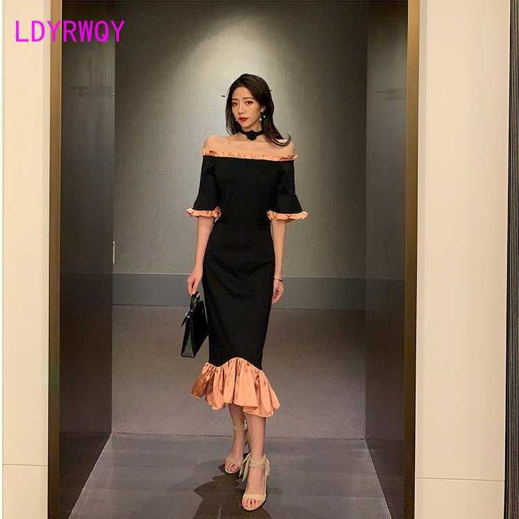 

LDYRWQY] European and American Women' Sexy One-Neck Flare Sleeve Stitching Ruffled Dress 210603, Clear