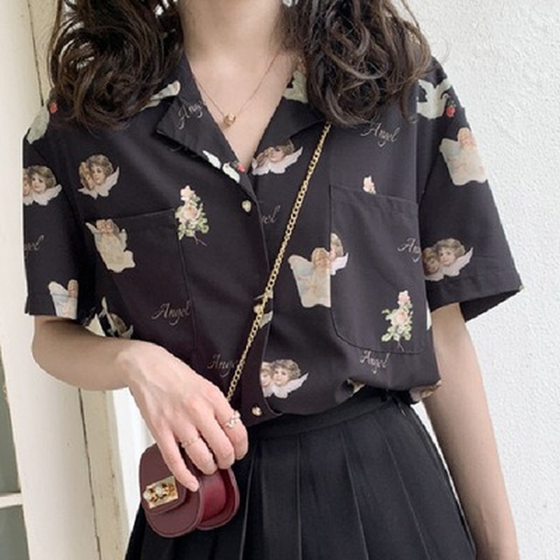 

Angle Pattern Print Blouse Women Vintage Korean Womens Shirt Summer White Leisure Loose Tops Women Fashion Shirts blouses 210519, Black