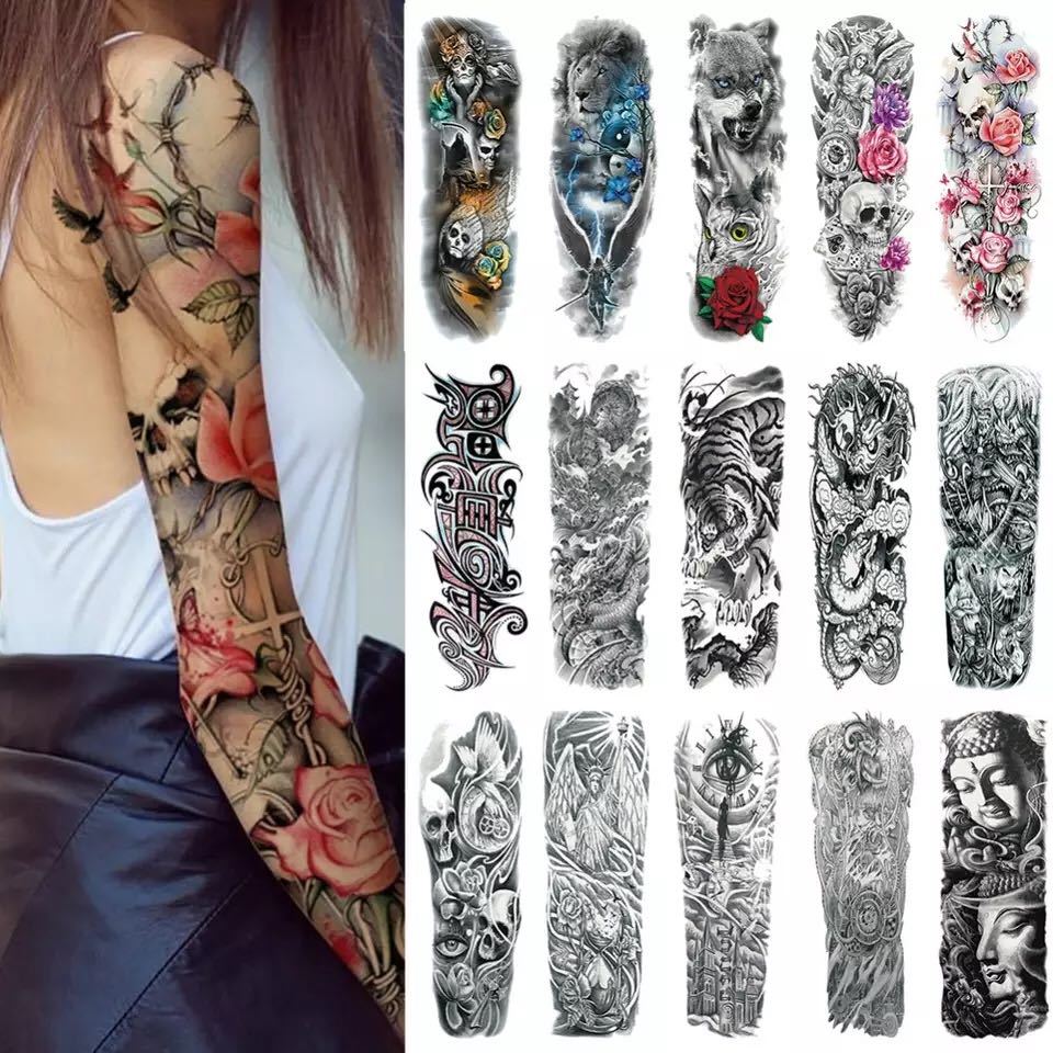 

Full Arm Sleeve Cool Tattoo Waterproof Tattoos Temporary Sticker Skull Angel Rose Lotus Men Full Flower Tatoo Body Art Tatto Girl