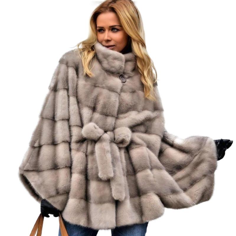 

Real Women's Coat Bat Type Gray Female Soft With Stand Collar Fashion Natural & Faux Fur, Light gray