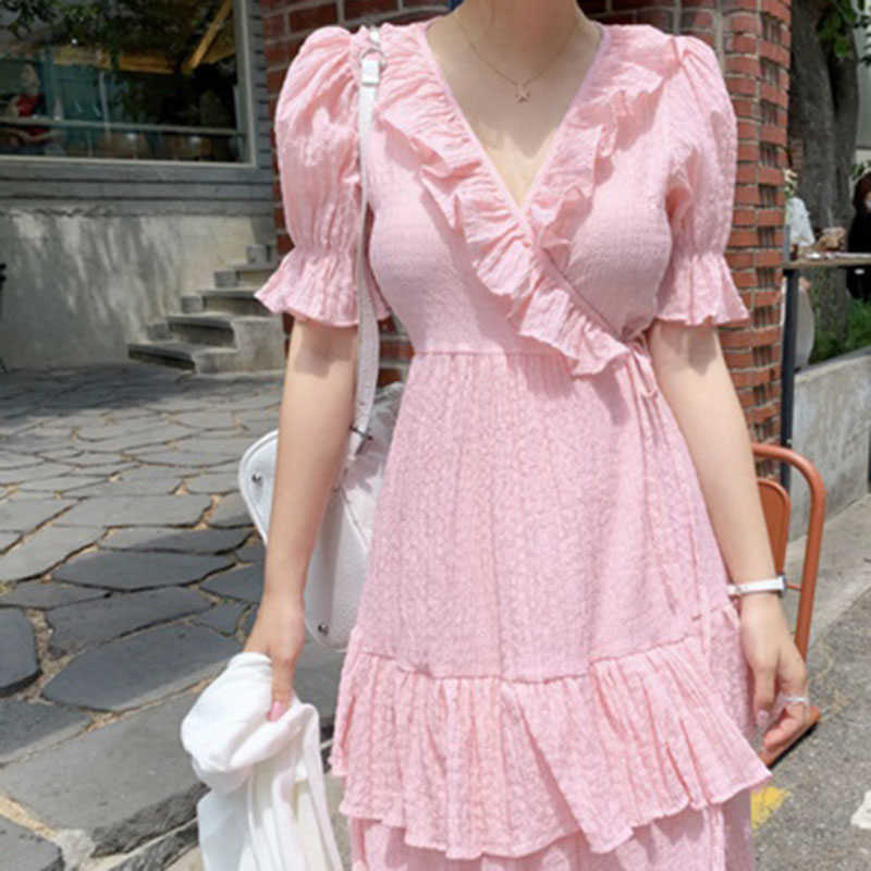 

Summer Korean Casual Loose Cotton Comfortable Women's Dress Elegant and Sweet Temperament V-neck Ruffled Pleated 210615, Blue