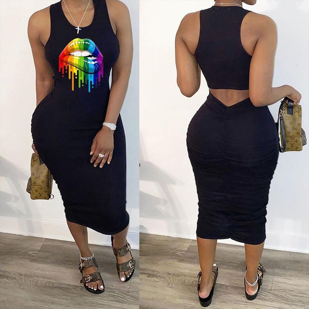 

casual ankle length summer women dresses sleeveless back hollow out outfit big print fashion skinny clubwear clothings, Black;gray