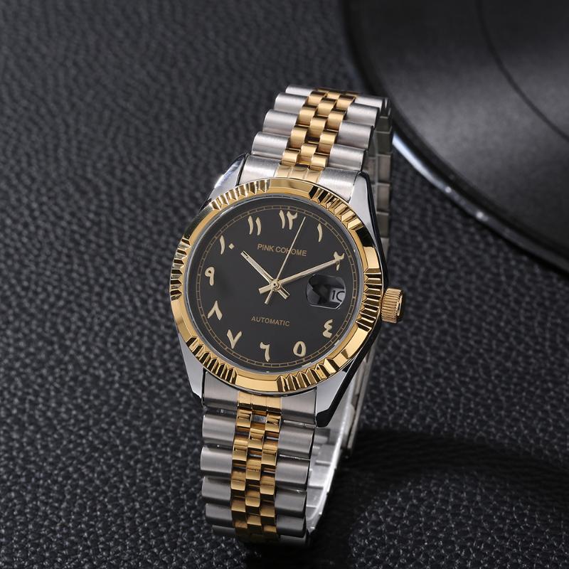 

Pink Cohome Watches Men Automatic Arabic Numbers Dial Face Muslim Wristwatch Stainless Steel Water Against Mechanical Machine Wristwatches, Gold gold