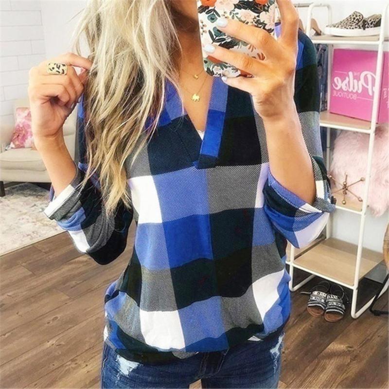 

Women's Blouses & Shirts Fashion Women Spring Plaid Print V-Neck Loose Long Sleeve Pullover Blouse Shirt Top Female Outwear, Purple