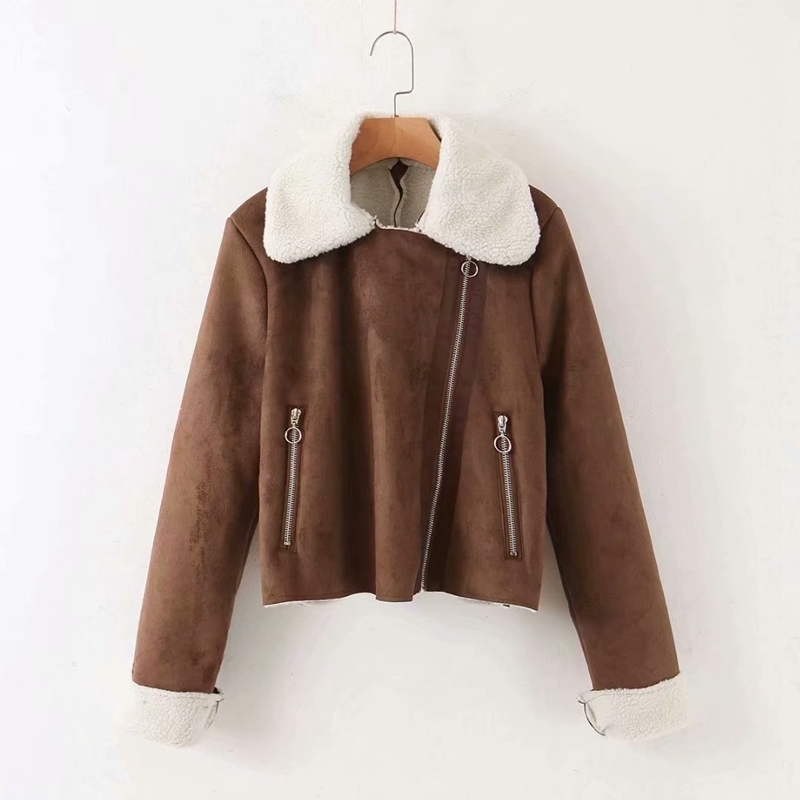 

Women Autumn Suede Jacket Turn Patchwork Zipper Casual  Thick Warm Fur Pu Female Motorcyle Coat XZ2597 210525, Khaki