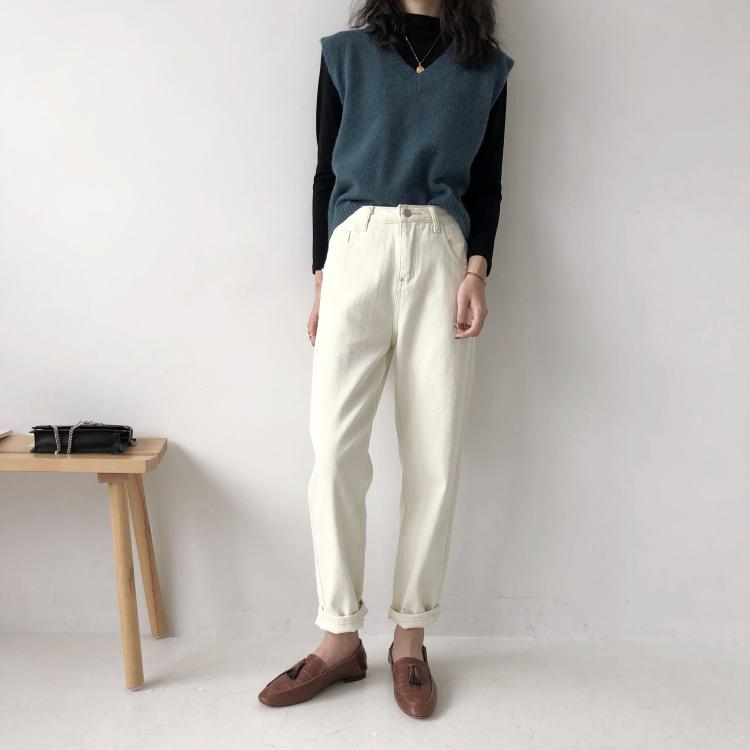 

Women' Pants & Capris NS Style Versatile Thin Velvet Loose High Waist Beige Jeans