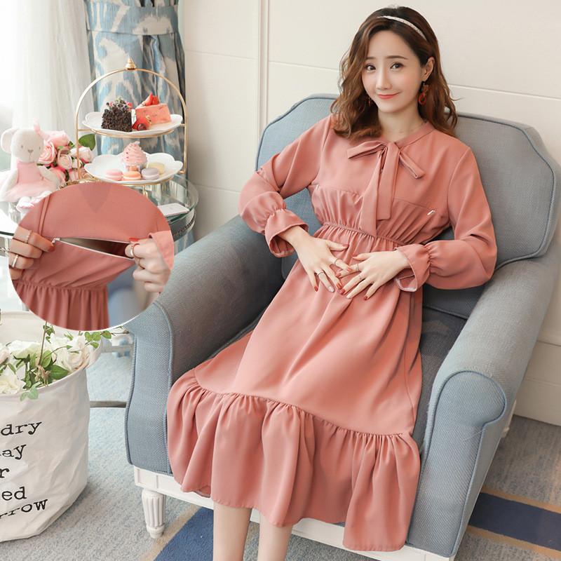 

Maternity Dresses Nursing Breastfeeding Invisible Pregnancy Clothes Dress Womens Elegant Bell Long Sleeves Gown Autumn, Pink