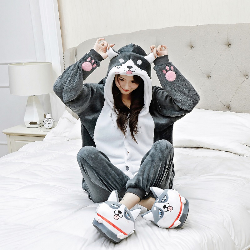 

2021Set Kigurumi Adult Women Men Animal Corgi Pajamas Flannel Cartoon dog Cosplay Onesie corgi Warm Winter pijama, Black;red