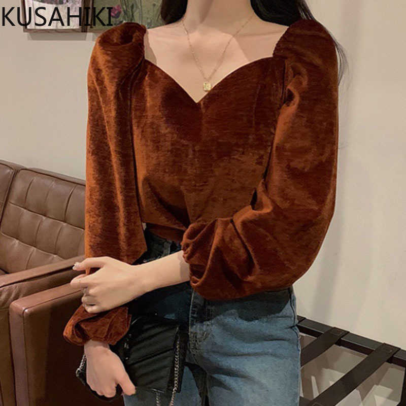 

KUSAHIKI Korea Chic Vintage V-neck Velour Blouse Puff Long Sleeve Pullover Tops Spring Solid Causal Blusas Shirt 6E501 210602, Black