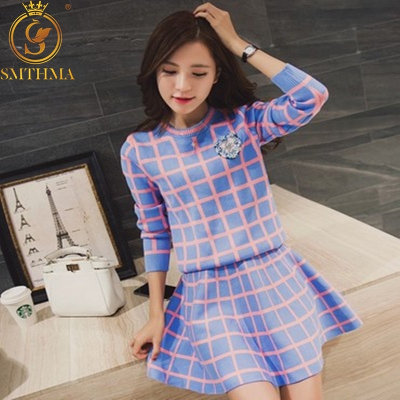 

Long-Sleeve Sweater Skirt Suits Women Runway Sweet Beads Collar Knit Crop Top A-Line Women's 2pcs Set 210520, Picture color