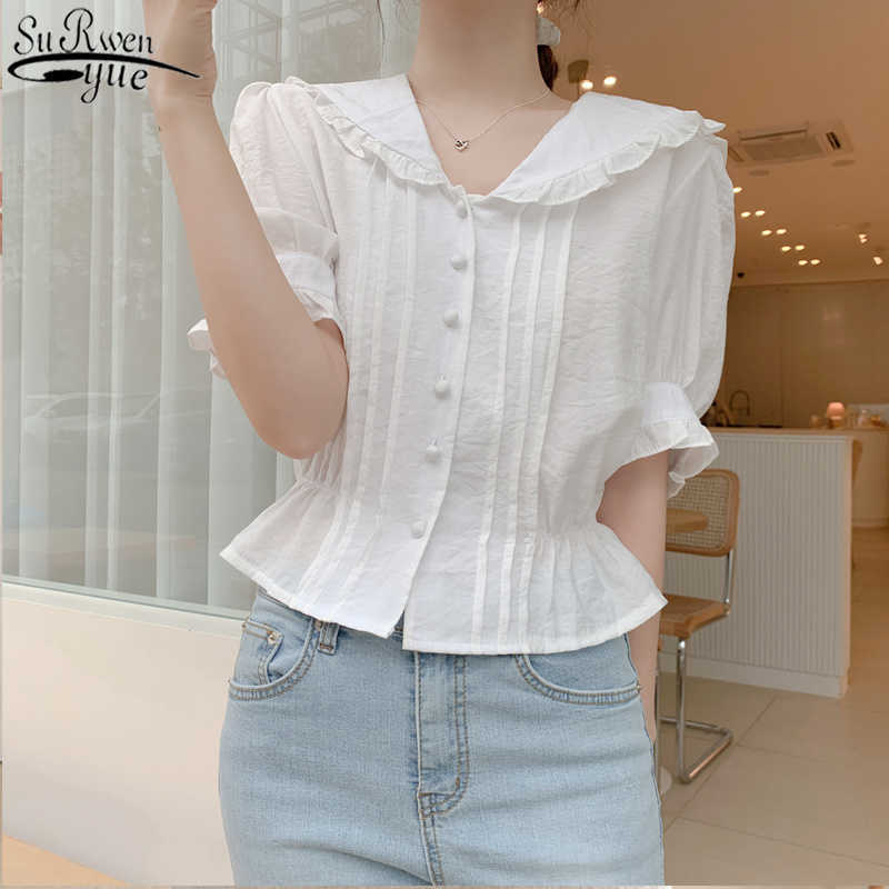 

Blusas Women Tops Blouse Ruffles Blouse Summer Shirt Button Preppy Style Peter Pan Colla Elegant Women Clothing 10103 210527, Yellow