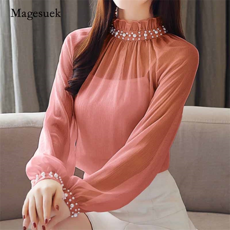 

Spring Chiffon Blouse Lace Bottom Womens Tops and Blouses Female Clothes Beading Women Long Sleeve Shirts 1807 50 210518, Pink