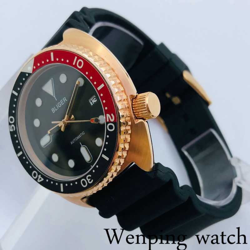 

Wristwatches 45mm Sterile Sapphire Crystal Top Mens Watch Luminous Rose Gold Case Rubber Strap Japan NH35A Movement Automatic, With logo watch