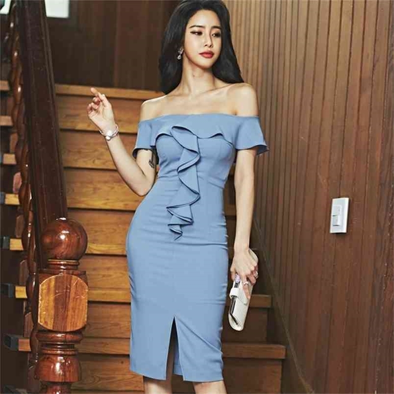 

Elegant Cold Shoulder Cloak Party Dress Women Strapless Slim Waist Pencil Female Blue Spring vestidos femme 210603, Picture color