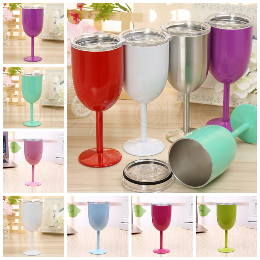 

10oz Stainless Steel Wine Glasses Stemless Tumbler Goblet Red Wine Glasses With Lids Cocktail Mug Solid Colors DIY Cup 11 colors RRA4355, As pic