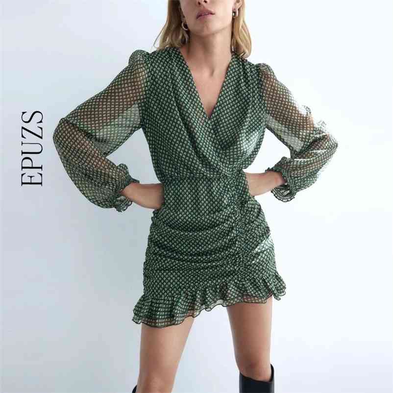 

Vintage long sleeve ruffle mini dress women sexy Summer chiffon v neck Pleated Dress female ZA Vestido 210521, Black