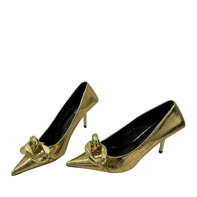 

Dress Shoes Gold Heels Classic Party For Women Pointed Toe High Silver Metal Ladies Pumps Sexy Stiletto Chaussure Femme Talon