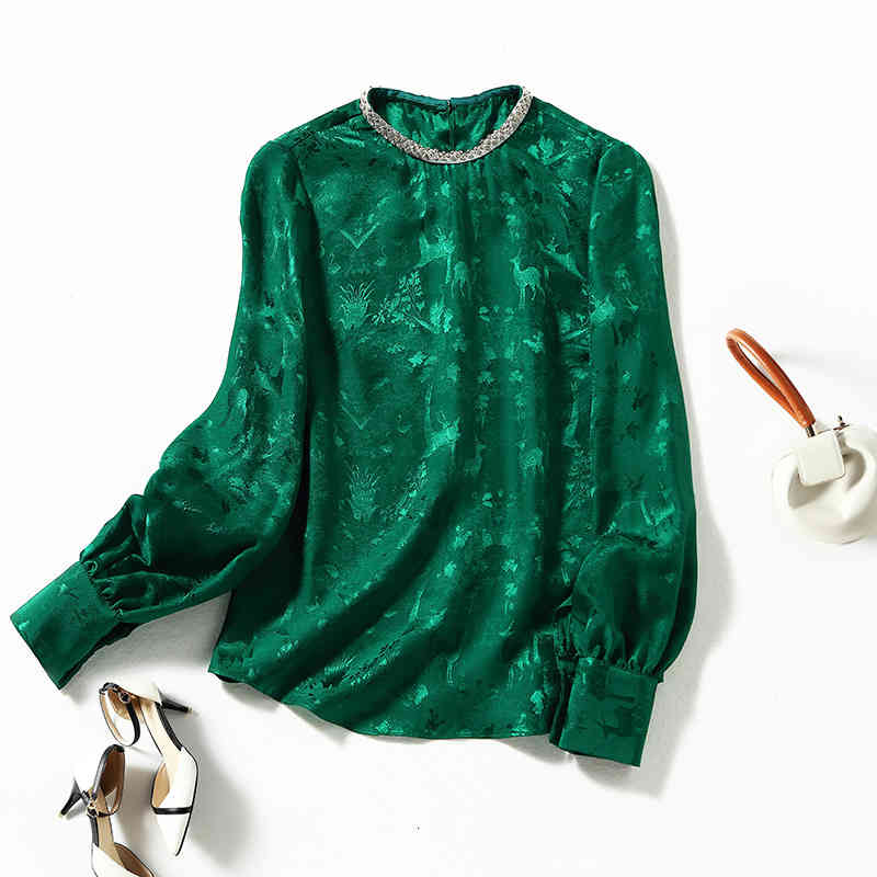 

Women' Blouses & Shirts Shenzhen high end women' clothing spring jacquard nail bead Round Neck Long Sleeve Silk Shirt mulberry silk blouse women J2BY, Red