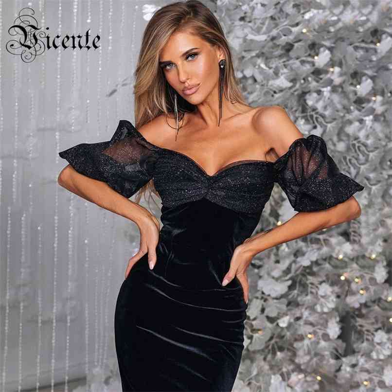 

Chic Black Dress Sexy Off Shoulder Sparkle Voile Splcing Design Puff Sleeves Celebrity Party Velvet Vestido Free 210520