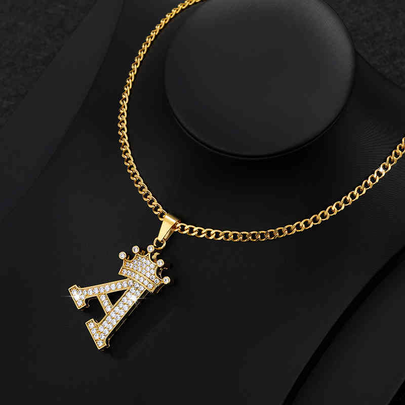 

Stainls Steel Zircon Alphabet Pendant Necklac Hiphop Women Men Crown Hip Hop Gold Chain Necklace Initial Letter Necklace