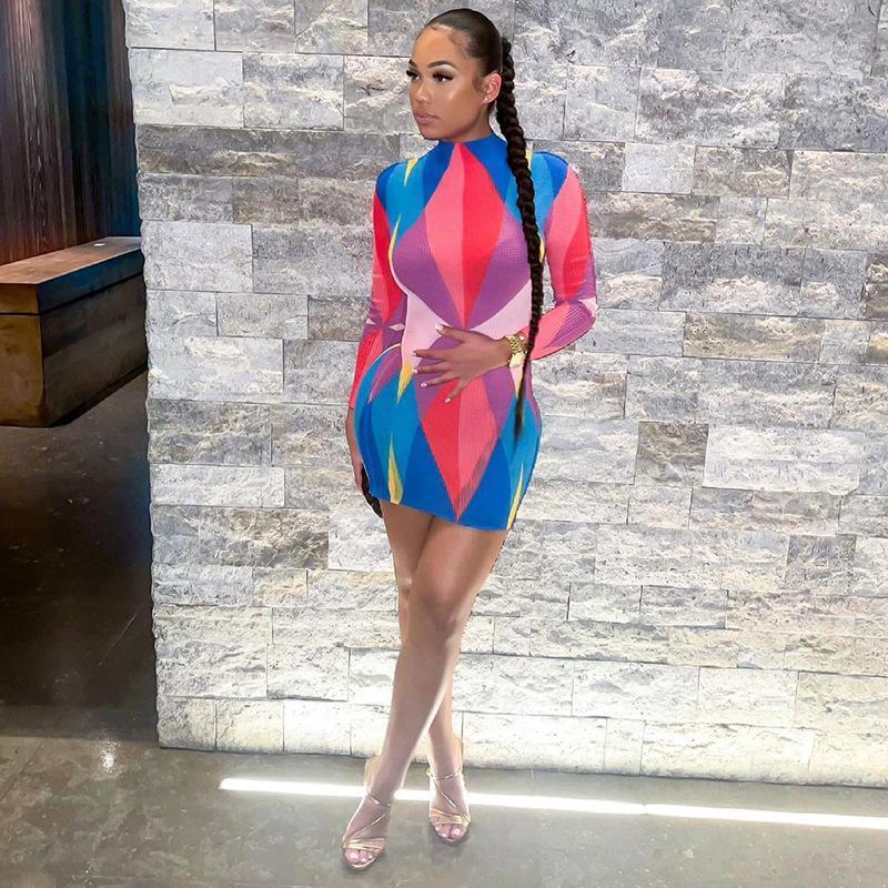 

Casual Dresses Geometric Color Matching Dress Fashion Long-Sleeved Crew Neck Women' Mini, Blue