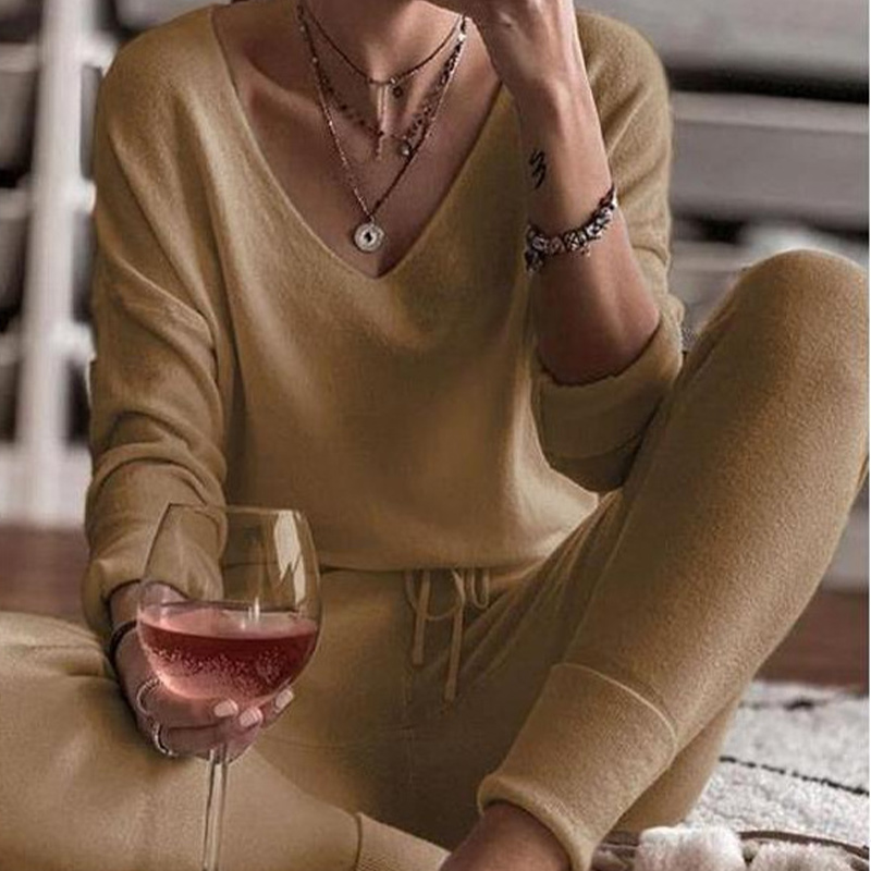 

2021womens solid v-neck pajamas set star print long sleeve + dstring long pants home clothes female spring casual pajamas, Black;red