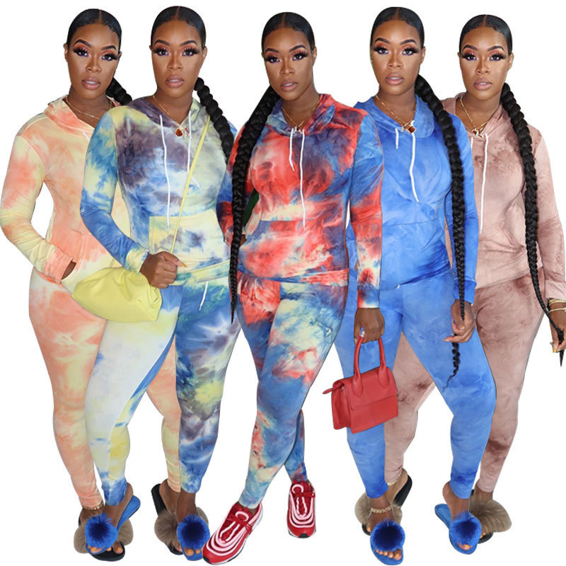 

Tie Dye Women Two Piece Pants Sets Long Sleeve Hoodies Casual Suits Ladies Fashion Female Clothing, White