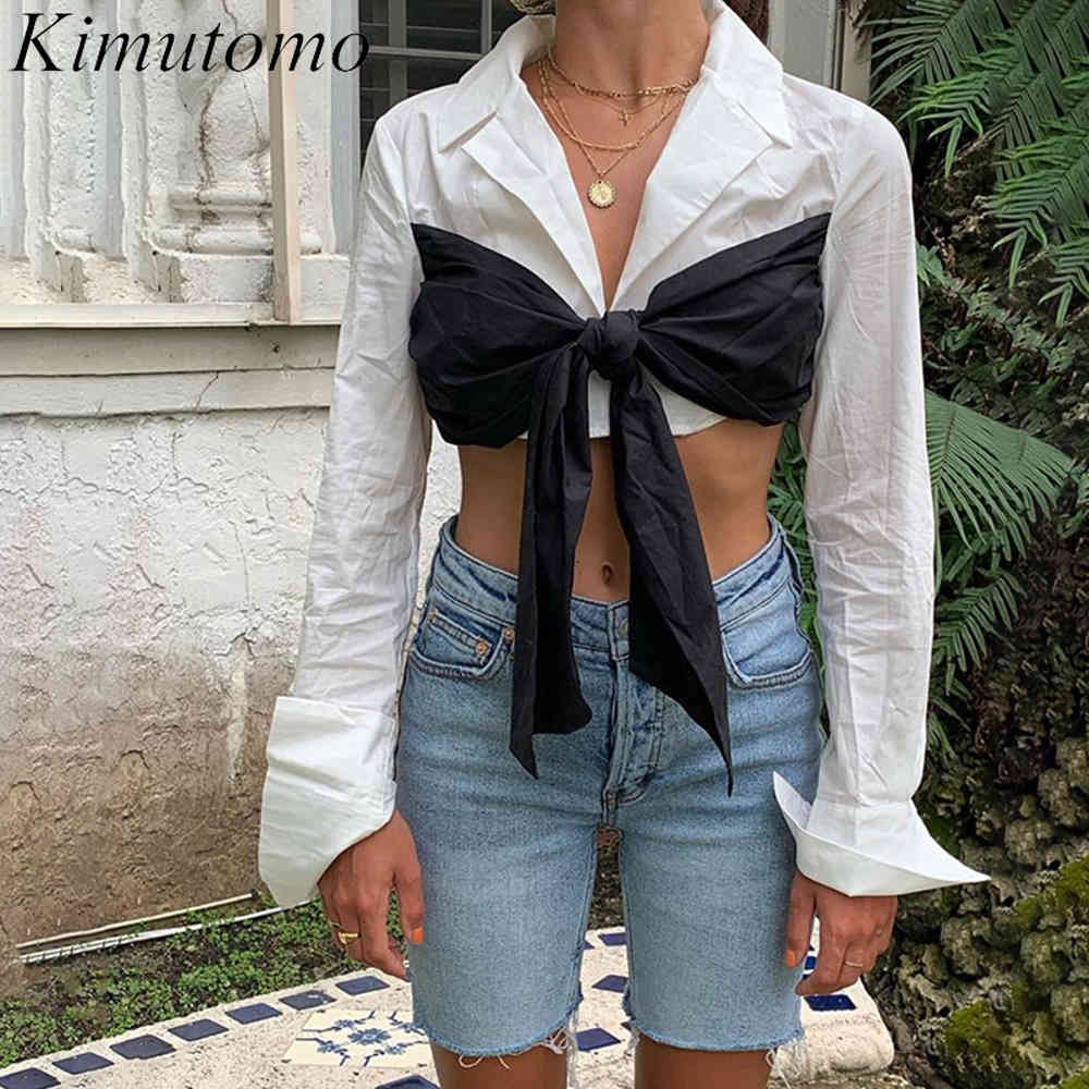 

Kimutomo Casual Patchwork Short T-shirts Women Fake Two Piece Bow Contrast Color Panelled Expose Navel Sexy Tops Spring 210521, White