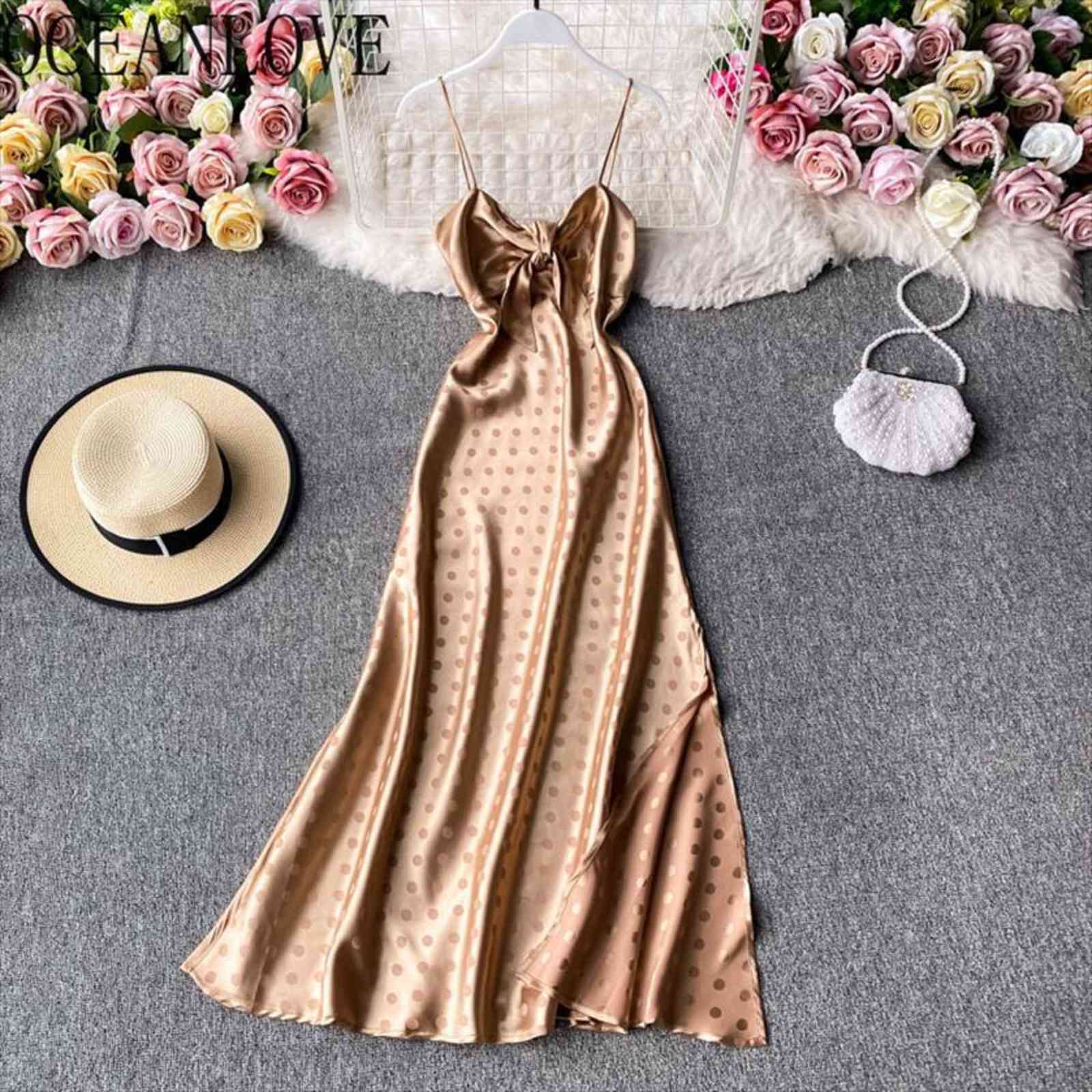 

fashion vintage dot bow womens dresses v neck korean chic satin vestidos evening party robes 18323, Black;gray