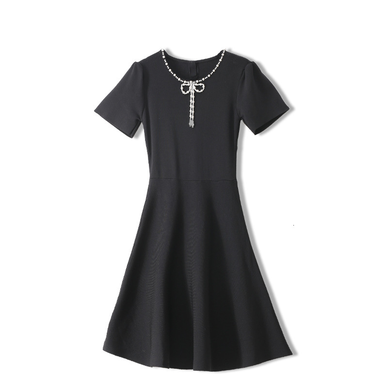 

Casual Dresses Sexy Pearl Female Party Elegant Clothes 2021 Autumn Spring Korean Short Sleeve High Wiast Little Black Midi 1SYM, Beige