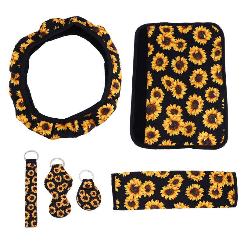 

Steering Wheel Covers 1 Set Sunflower Seat Belt Cover Car Accessories Interior Accessory For (Black And Yellow)