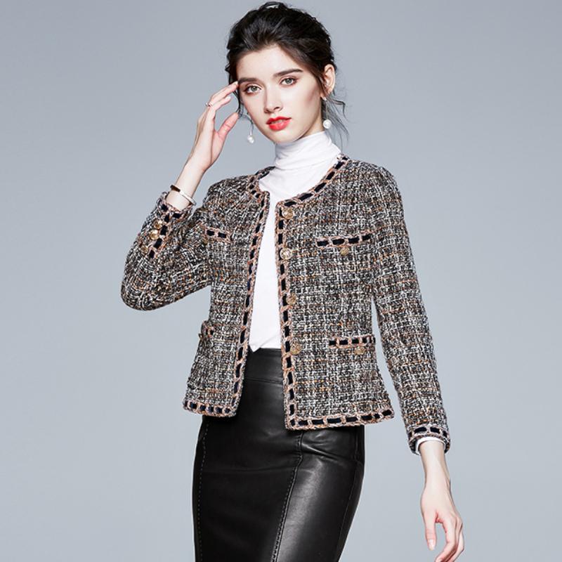

Women's Jackets Round Neck Lattice Pockets Long Sleeve Slim Socialite Classic Tweed Jacket Woolen Coat Women Clothing 882A, As the picture