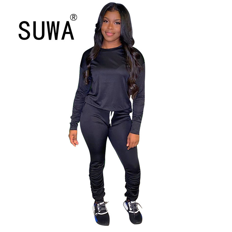 

Fashion Classic Black Two Piece Outfits For Women Lounge Wear Set Pullover Sweatshirt Retro Top Pants Wholesale Clothing 210525