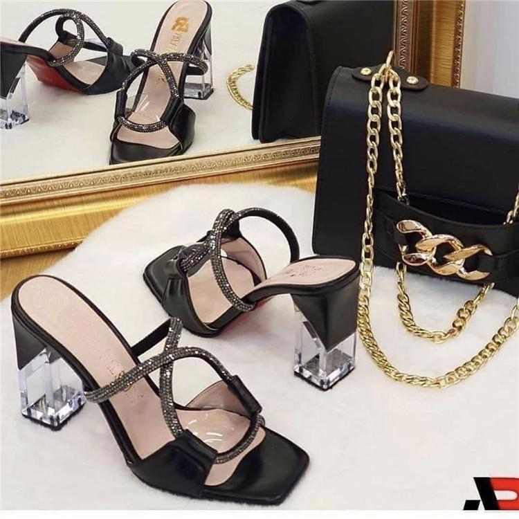 

Dress Shoes KM-ROYA Quality 2021 Orange Red Summer Pumps Slippers Lady Crystal High Heels Slides Sandal Party Women's Pump Mules, Black