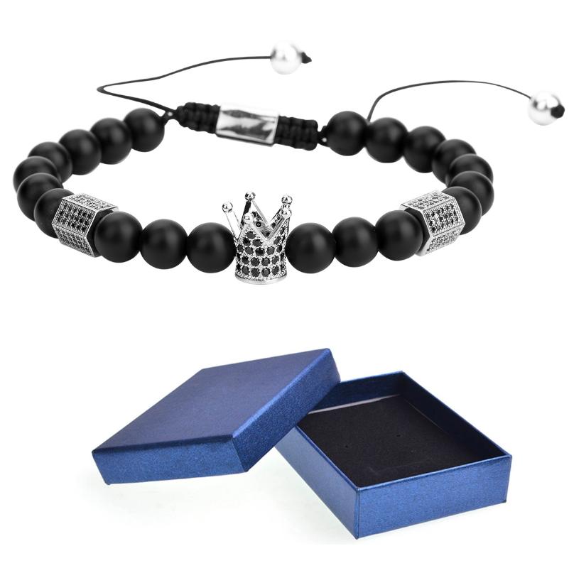 

Matte Black Onyx Silver Crown Braided Bracelet Man Fashion Women Gift For Beautiful Beads Beaded, Strands