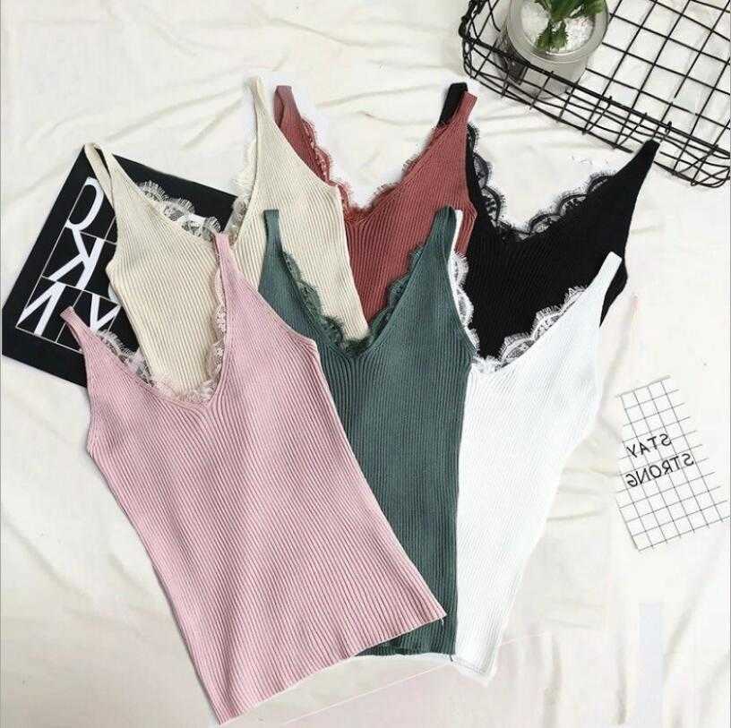 

Harajuku Summer Tank Top Casual Lady Top Tees Knitting T-shirt Female Brand Clothing T Shirt V-neck QH1879 210609, Red