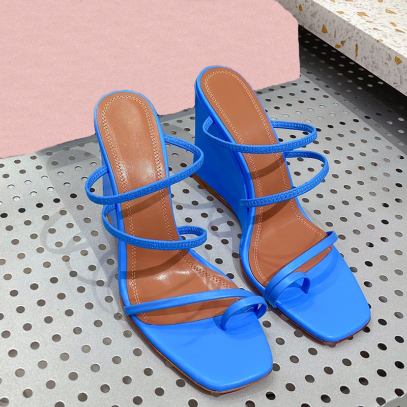 

Top quality summer womens sandals Genuine Leather Narrow Band heeled slippers Luxury Designer newest Wedge heel women shoes Large size sandal factory footwear, Blue