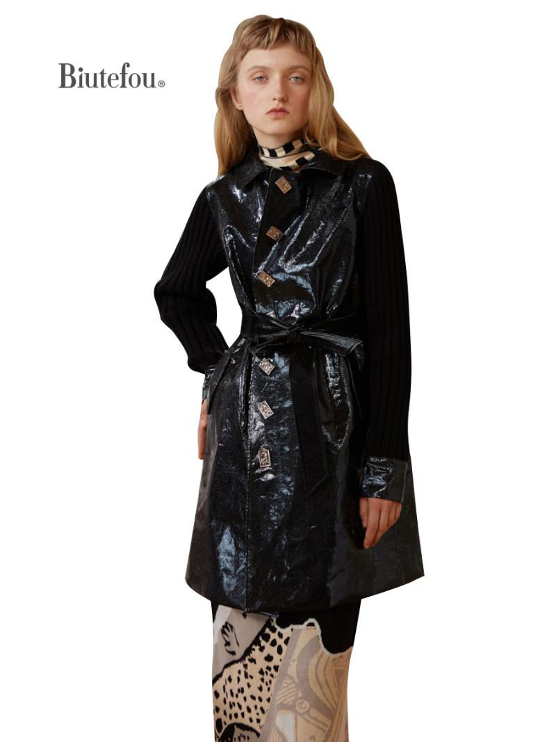 

Women's Trench Coats 2021 Winter Women Original Design Long Burst Texture Gloss Leather Coat, Tan;black