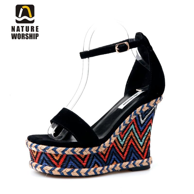 

Cow Suede Women Shoes Sandals High Heel Open Toe Wedges Forwomen Ankle Strap Platform Summer, Black