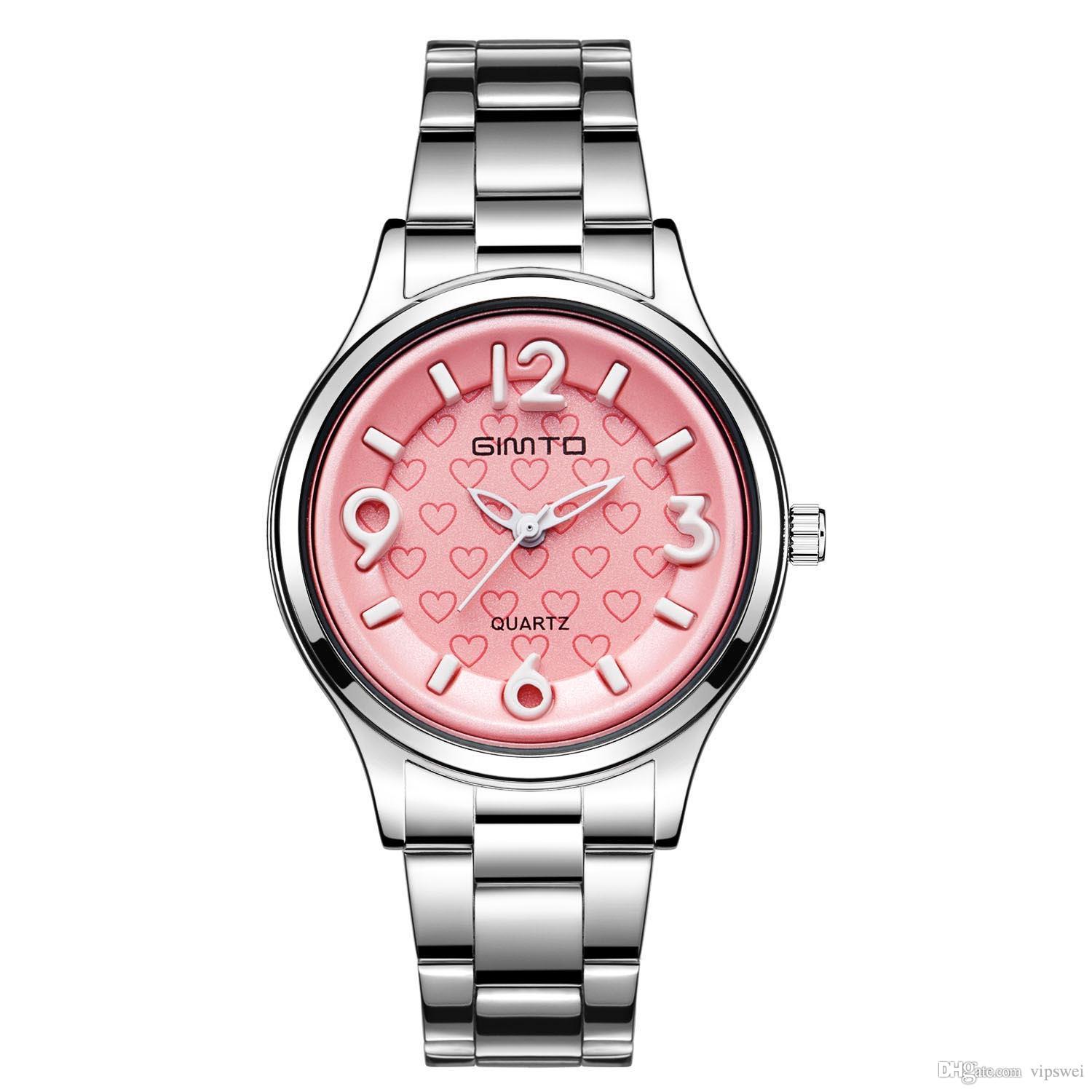

Women Costume Watch ladies Fashion Dress Watches High Quality Student Luxury Heart shaped Wristwatch Pink dial Stainless steel strap