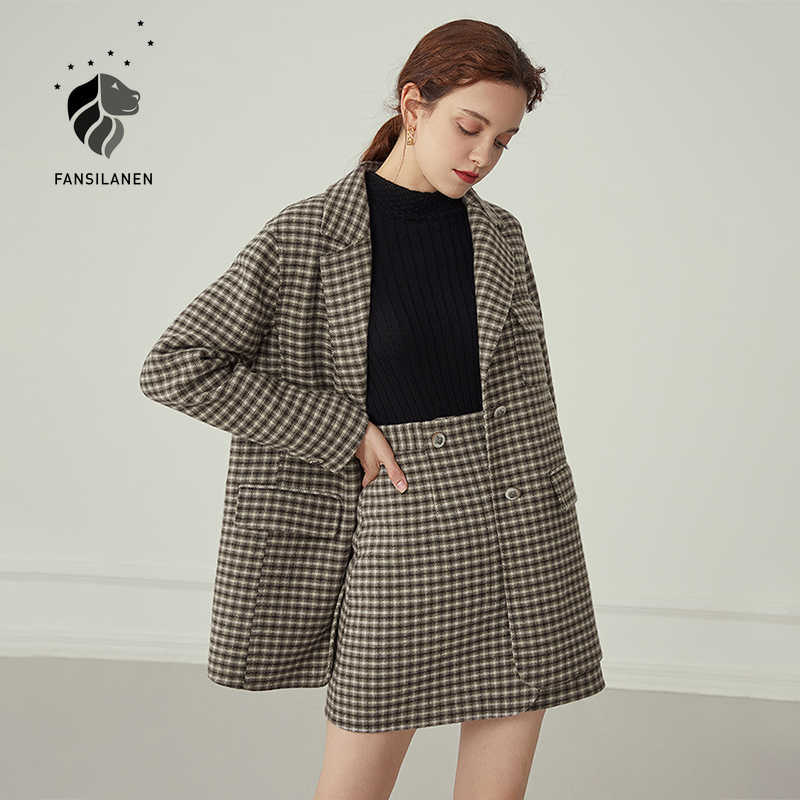 

FANSILANEN Wool blend two piece set plaid blazer suit Women autumn winter wram wool coat and skirt outfits office matching sets 210607, Brown skirt