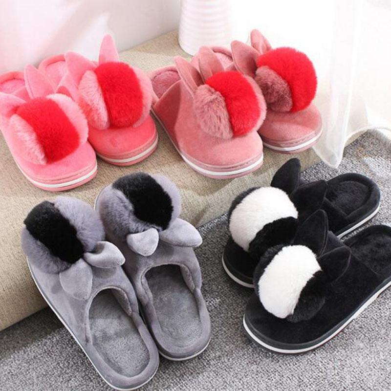

Slippers Cartoon Plush Cute Design Women Indoor Flats Shoes Round Toe Winter Warm Furffy Big Size Mules, Black