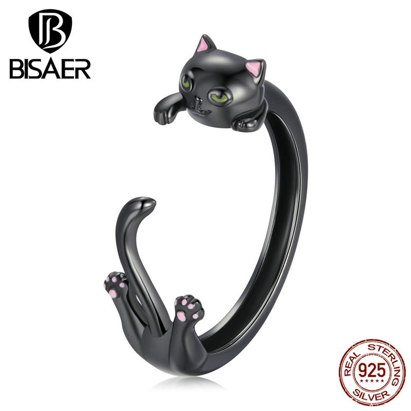 

Cluster Rings BISAER 925 Sterling Silver Lovely Cat Cartoon Open Ring Fashion Black For Men And Women Party Jewelry Birthday Gift EFR217, Golden;silver