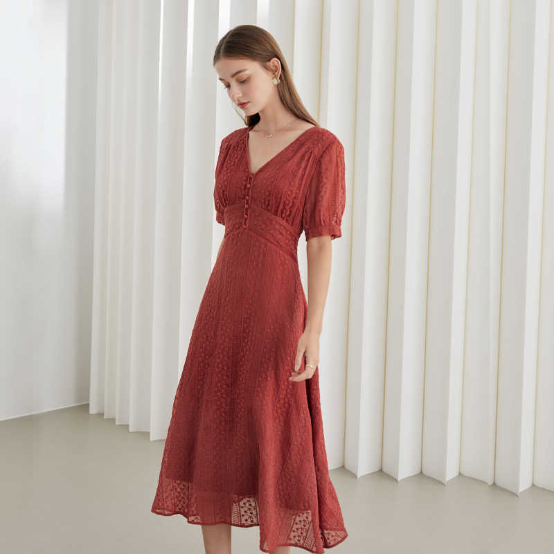 

FANSILANEN Office Lady French Retro Red Dress Women Summer Seaside Vacation High Waist A-line Zipper Long Skirt 210607