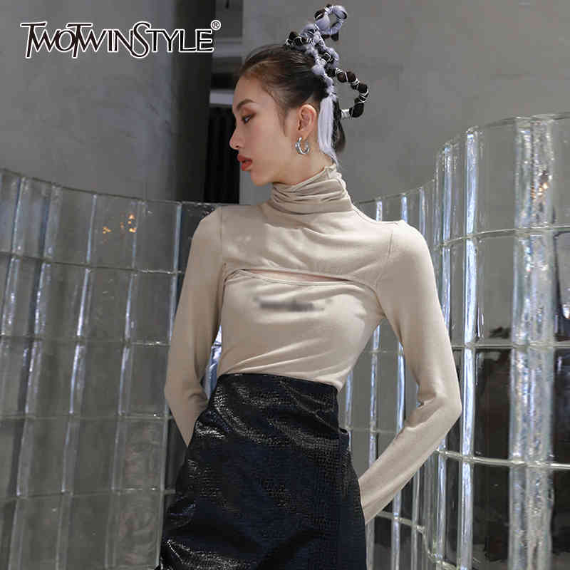 

Patchwork Letter Slim T Shirt For Women Turtleneck Long Sleeve Hollow Out Tops Female Fashion Clothing 210524, Apricot